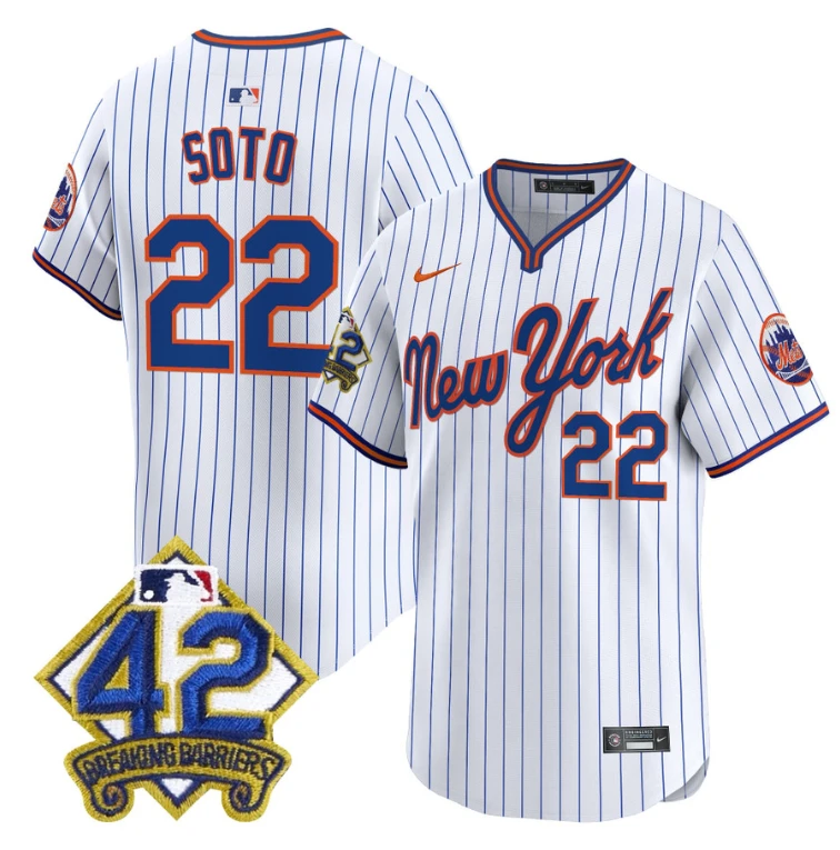 Juan Soto Jersey #22 New York Mets 2025 Jackie Robinson Patch Road Alternate Stitched Pinstripe by My Store