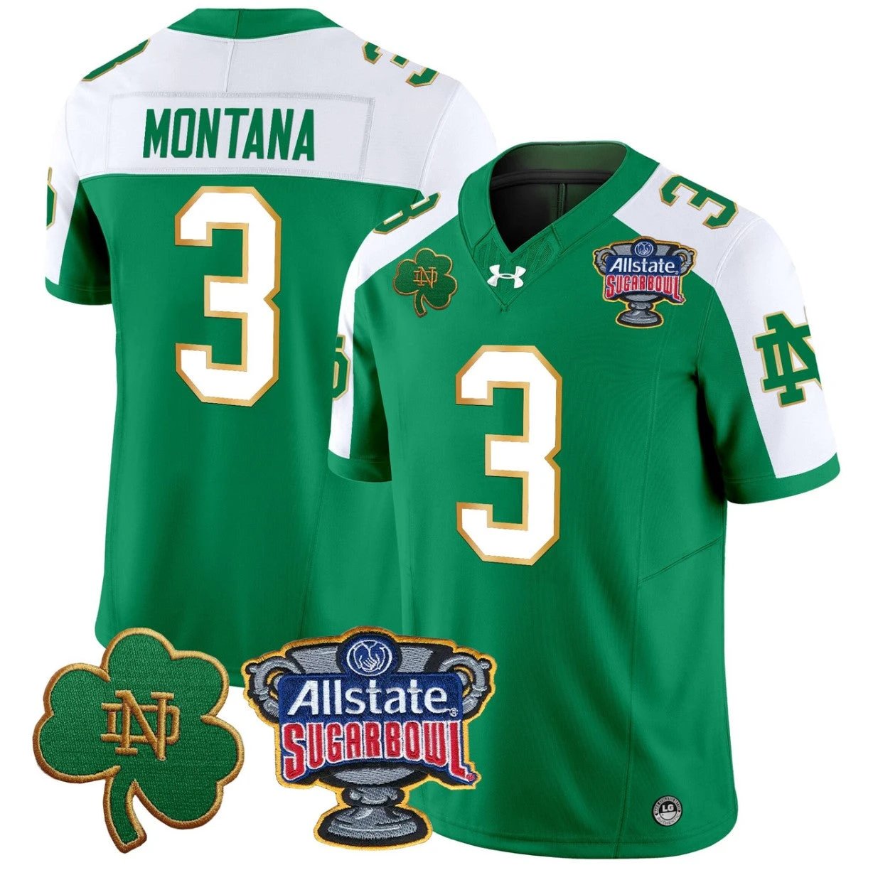 Joe Montana Jersey #3 Notre Dame 2024 Sugar Bowl Patch V2 Stitched Green Alternate by NCAA Football Jersey