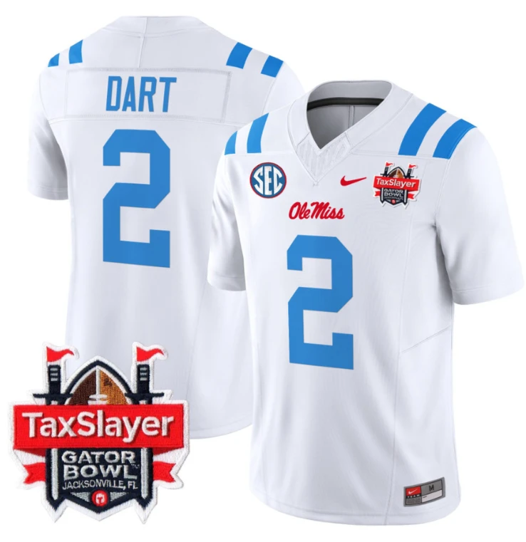 Jaxson Dart Jersey #2 Ole Miss Rebels 2024 Gator Bowl Patch V2 2024 White by My Store