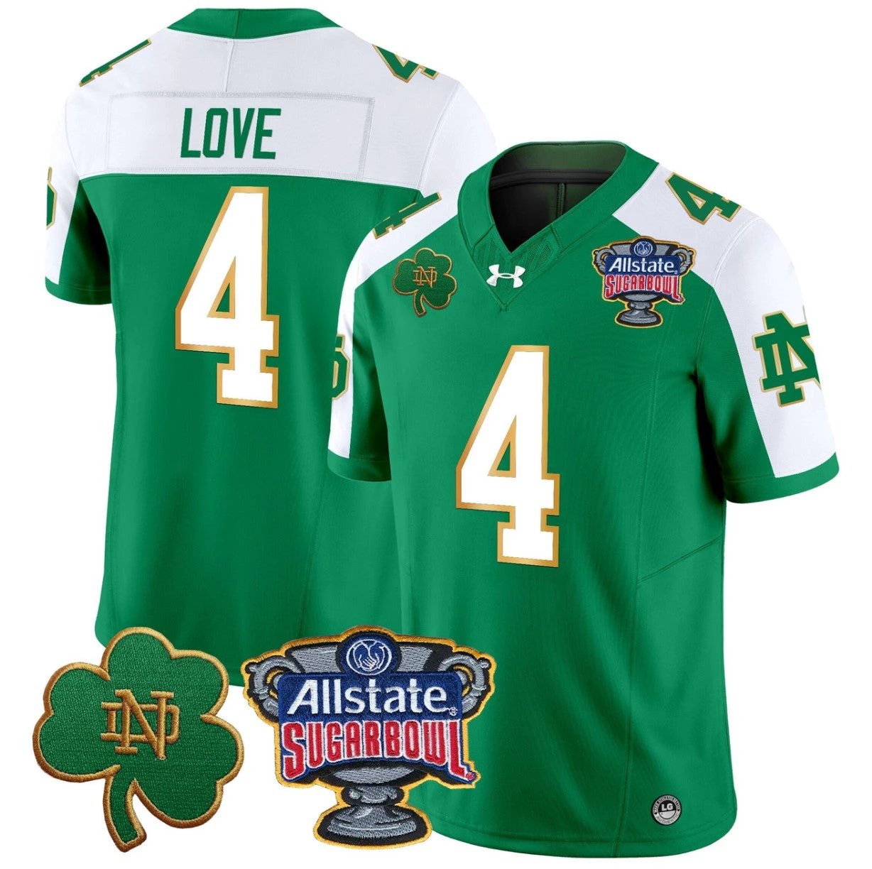 Jeremiyah Love Jersey #4 Notre Dame 2024 Sugar Bowl Patch V2 Green Alternate by NCAA Football Jersey