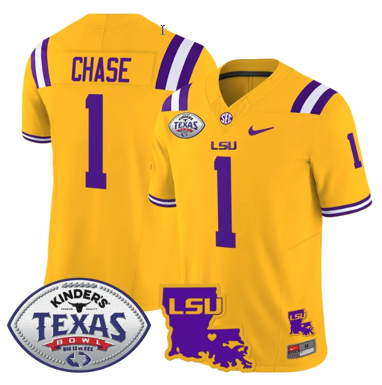 Ja'Marr Chase Jersey #1 LSU Tigers 2024 Texas Bowl Patch Football Stitched Gold by My Store