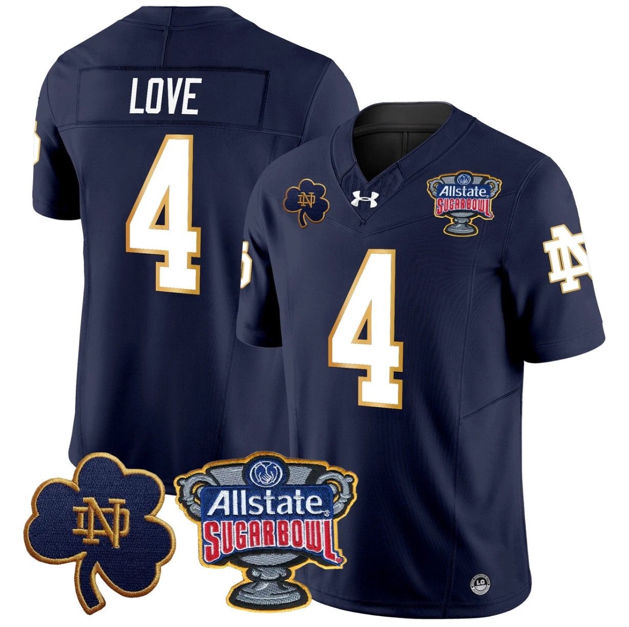 Jeremiyah Love Jersey #4 Notre Dame 2024 Sugar Bowl Patch V2 Stitched Navy by NCAA Football Jersey