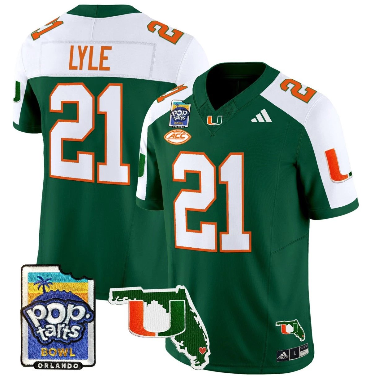 Jordan Lyle Jersey #21 Miami Hurricanes 2025 PopTarts Bowl Patch Green Alternate by My Store