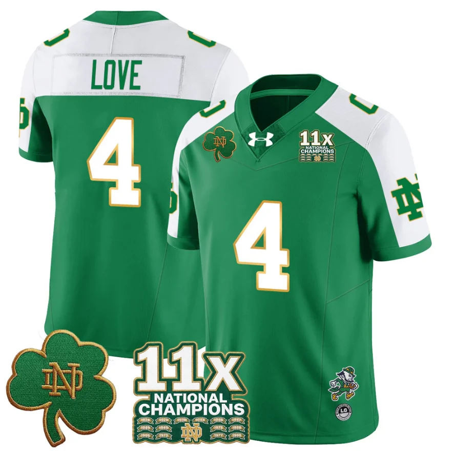 Jeremiyah Love Jersey #4 Notre Dame 11x-Time National Champions Stitched by My Store NCAA Football Jerseys