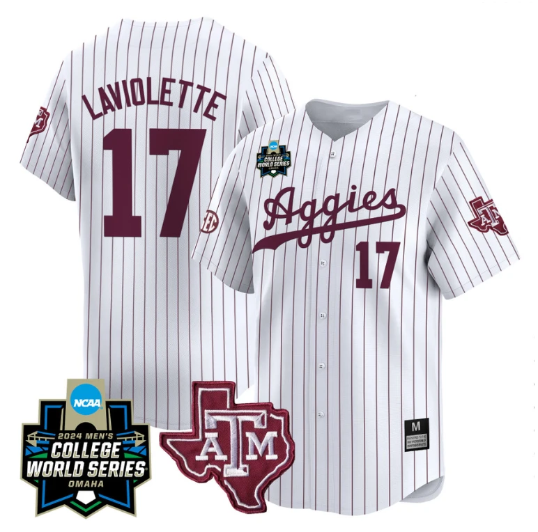 Jace Laviolette Jersey #17 Texas AM Aggies 2024 College World Series Vapor Premier Limited NCAA Baseball Stitched White Pinstripe by My Store
