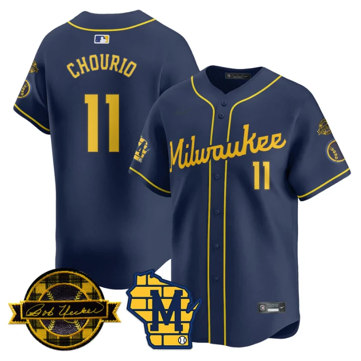 Jackson Chourio Jersey #11 Milwaukee Brewers 2025 Limited Bob Uecker Patch Stitched Navy by My Store