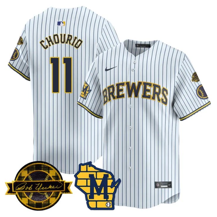 Jackson Chourio Jersey #11 Milwaukee Brewers 2025 Limited Bob Uecker Patch Stitched White by My Store