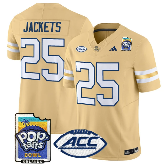Jackets Jersey #25 Georgia Tech Jackets Pop-Tarts Bowl Patch Stitched Gold by NCAA Football Jersey