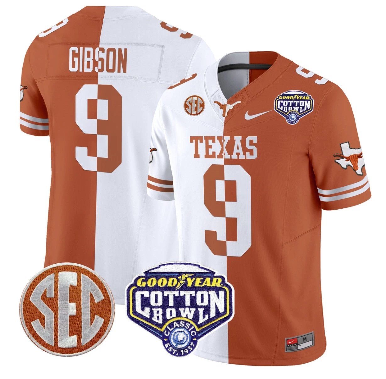 Jerrick Gibson Jersey #9 Texas Longhorns Cotton Bowl Patch Stitched Split by NCAA Football Jersey