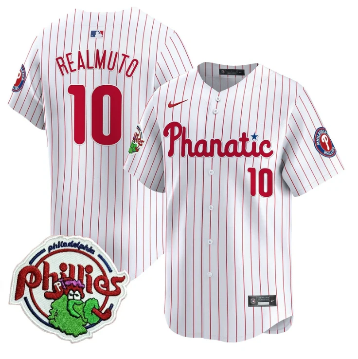 J.T.Realmuto Jersey #10 Phillies Phanatic Patch Vapor Premier Limited Stitched White Pinstripe by My Store