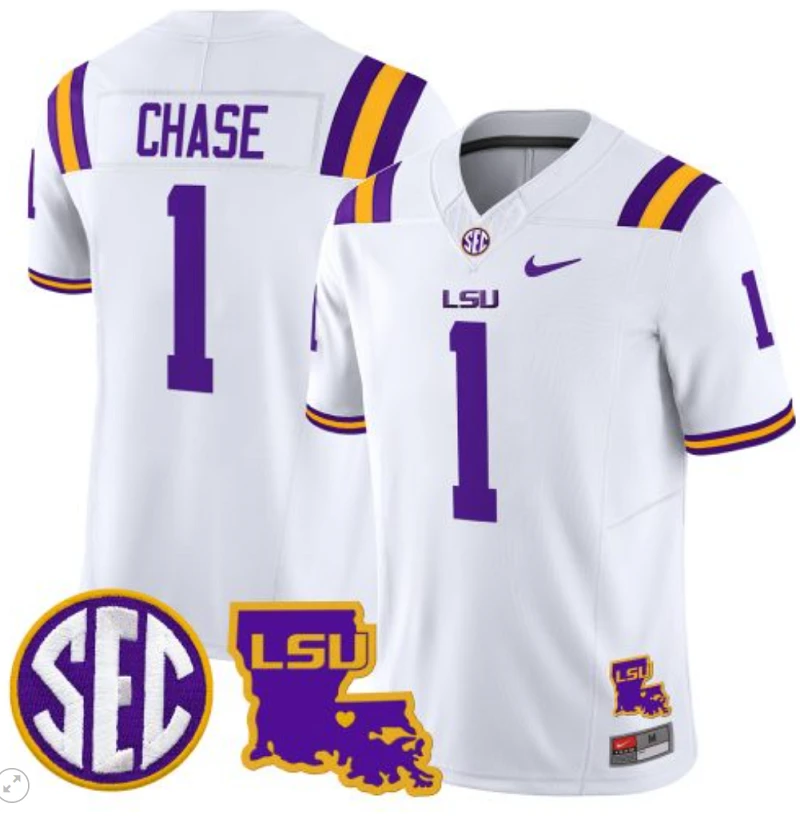 Ja'Marr Chase Jersey #1 LSU Tigers 2024 Louisiana Patch Vapor Limited College Football Stitched White by My Store