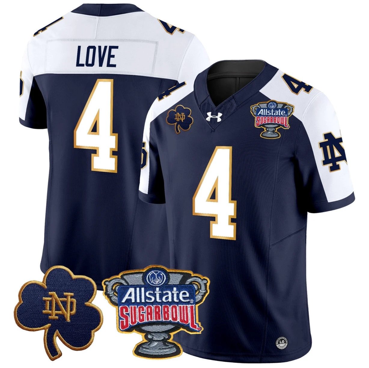 Jeremiyah Love Jersey #4 Notre Dame 2024 Sugar Bowl Patch V2 Navy Alternate by NCAA Football Jersey
