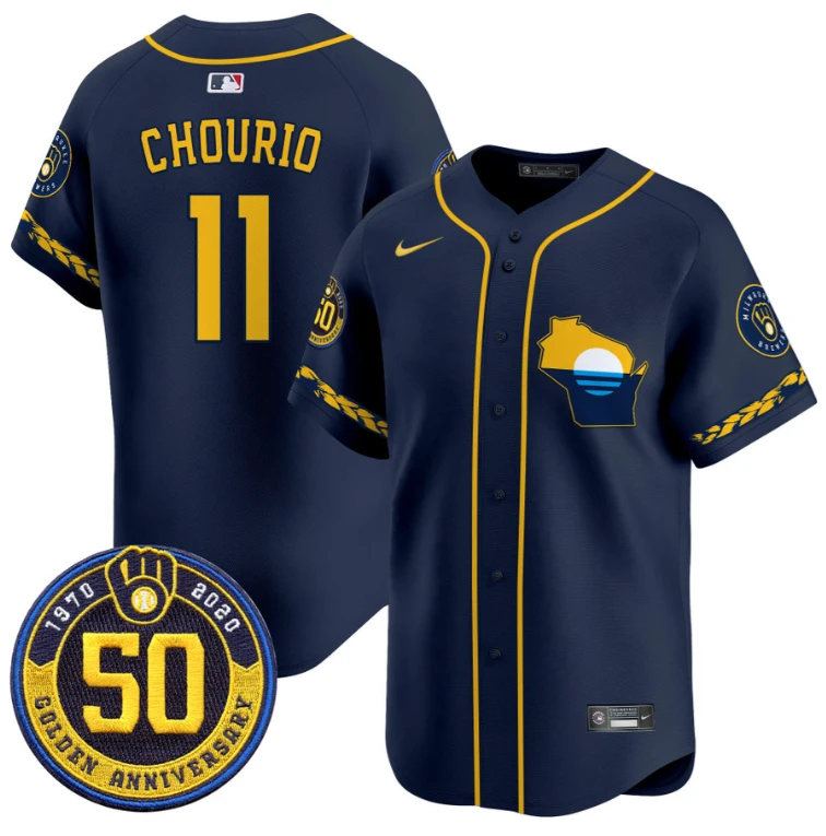 Jackson Chourio Jersey #11 Milwaukee Brewers Golden 50th Anniversary Patch Stitched Pinstripe by My Store