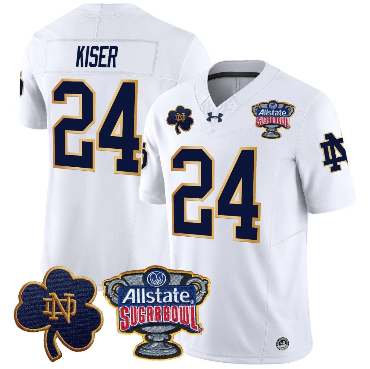 Jack Kiser Jersey #24 Notre Dame 2024 Sugar Bowl Patch V2 Stitched White by NCAA Football Jersey