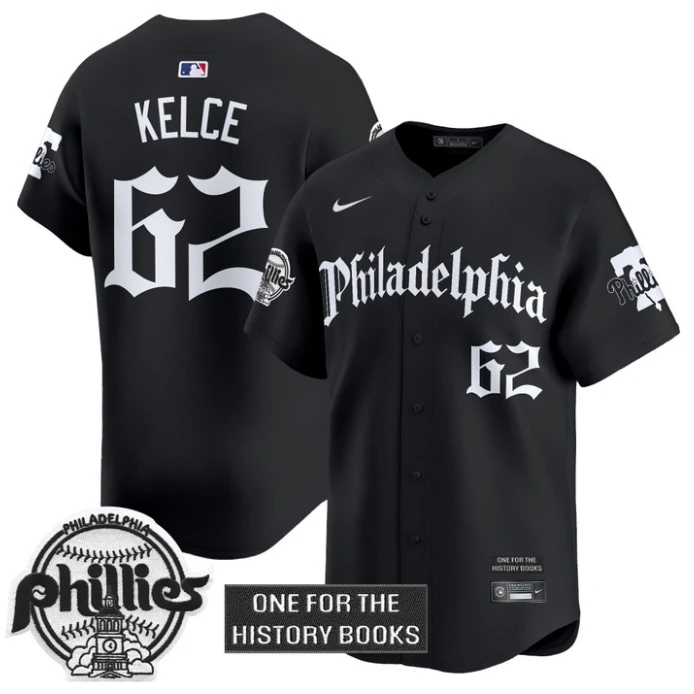 Jason Kelce Jersey #62 Phillies Retro Newspaper Edition Vapor Premier Limited Stitched Black by My Store