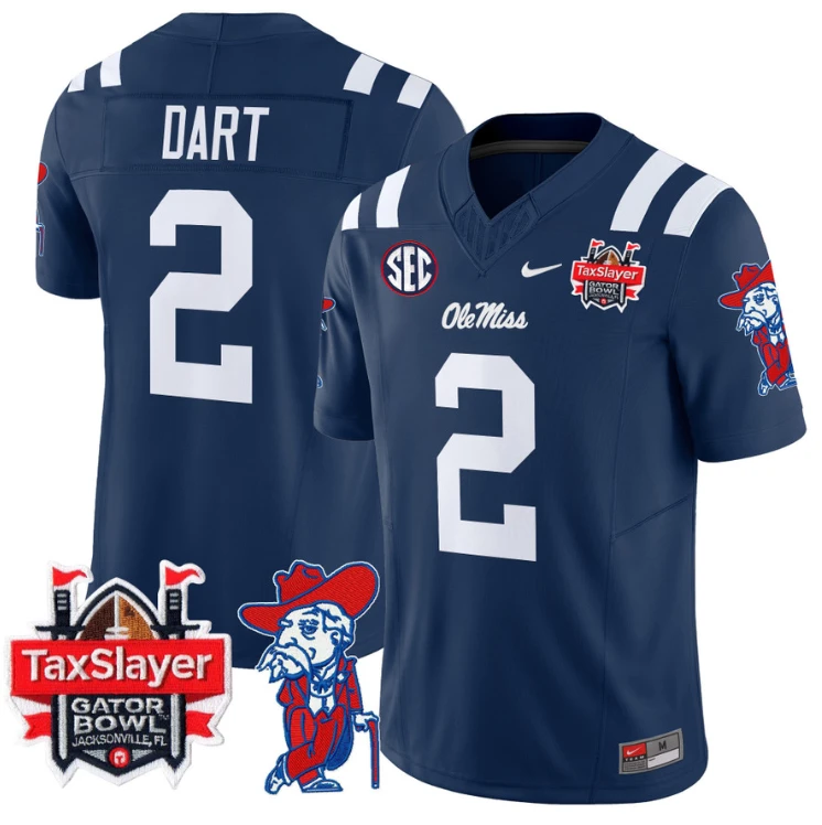 Jaxson Dart Jersey #2 Ole Miss Rebels 2025 Gator Bowl Patch Football Navy by My Store