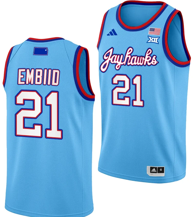 Joel Embiid Jersey #21 Kansas Jayhawks Basketball DRIP Alternate 2023-24 Baby Blue by My store basketball