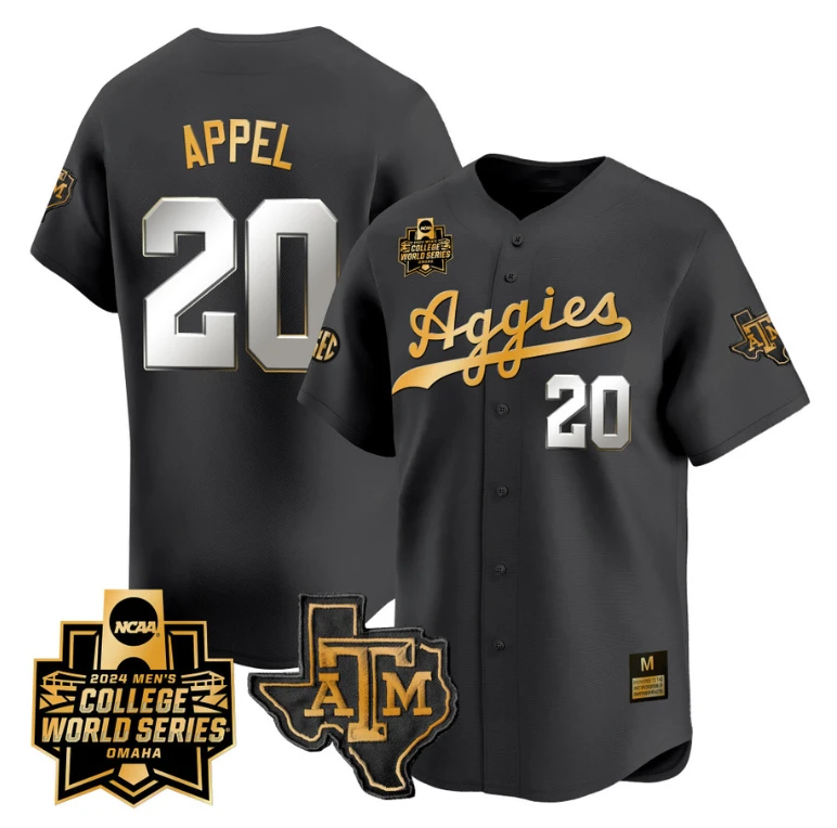 Jackson Appel Jersey #20 Texas AM Aggies 2024 College World Series Vapor Premier Limited NCAA Baseball Stitched Black Gold by My Store
