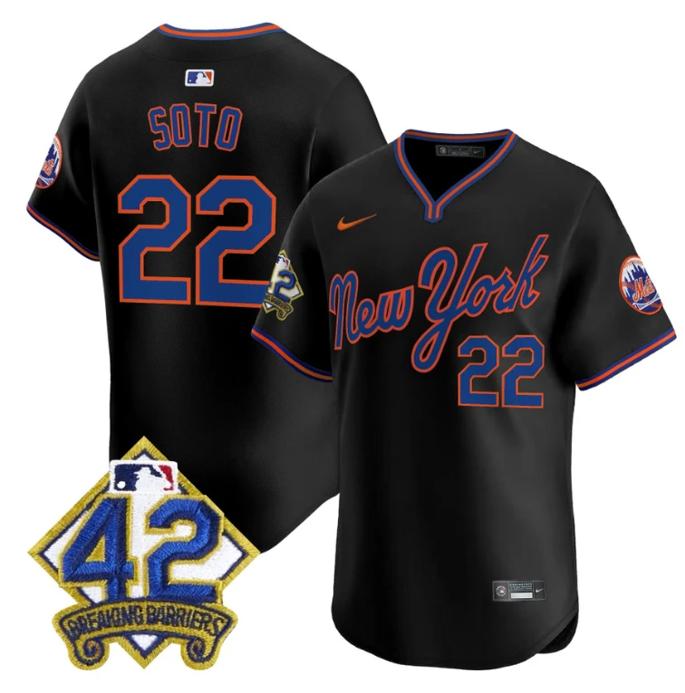 Juan Soto Jersey #22 New York Mets 2025 Jackie Robinson Patch Road Alternate Stitched Black by My Store