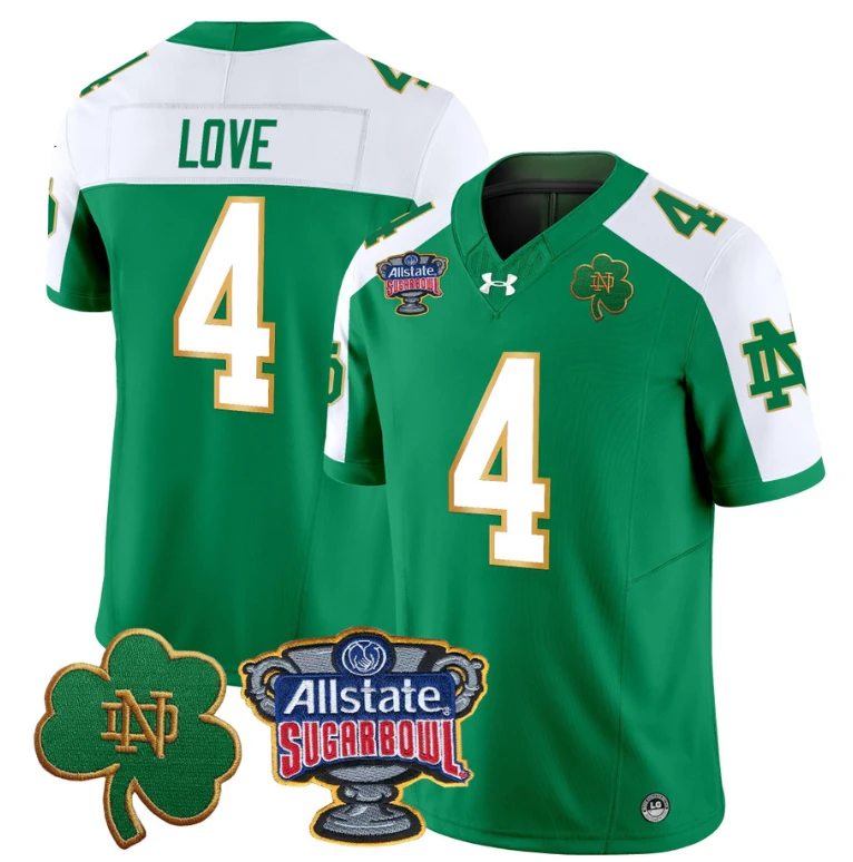Jeremiyah Love Jersey #4 Notre Dame 2024 Sugar Bowl Patch Football Green Alternate by NCAA Football Jersey