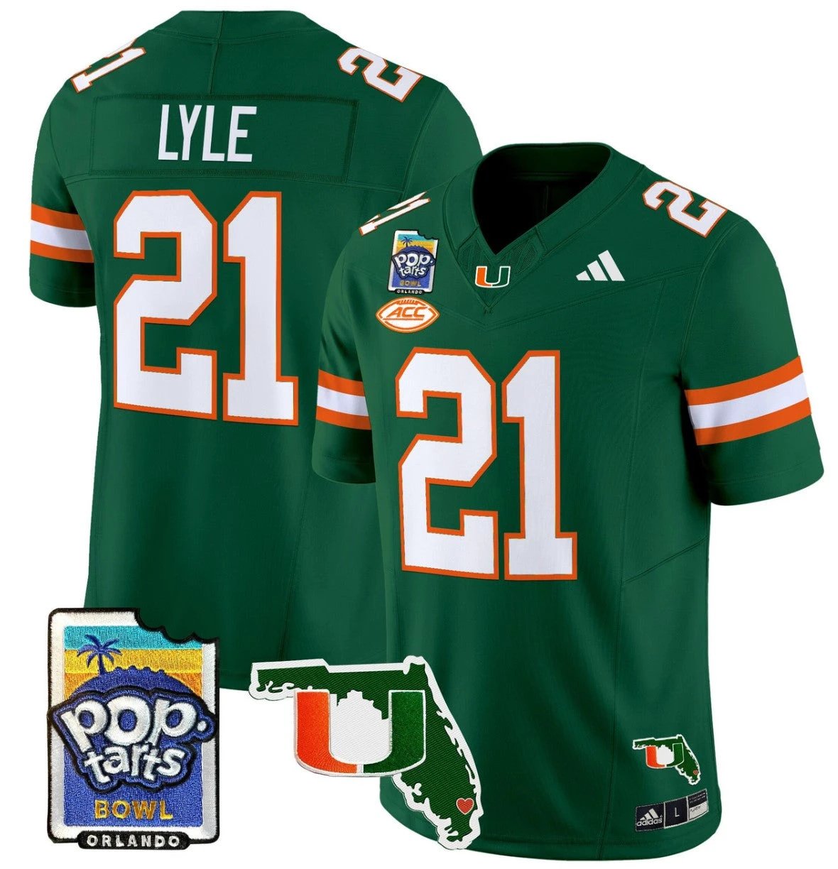 Jordan Lyle Jersey #21 Miami Hurricanes 2025 PopTarts Bowl Patch Green by My Store