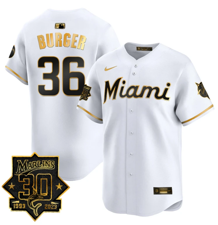 Jake Burger Jersey #36 Miami Marlins 30 Seasons Anniversary Patch Vapor Limited Stitched White Gold by My Store