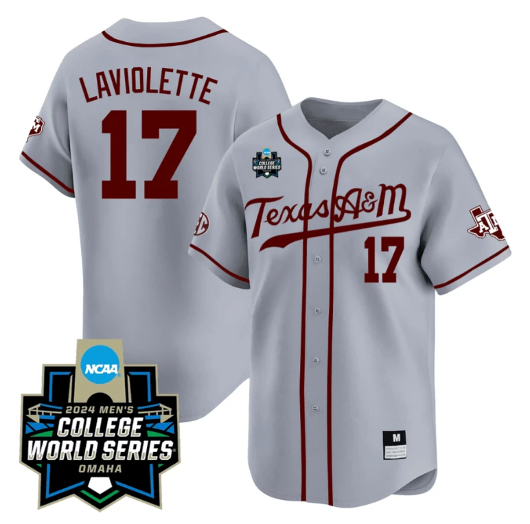 Jace Laviolette Jersey #17 Texas AM Aggies 2024 College World Series Vapor Premier Limited NCAA Baseball Stitched Grey Alternate by My Store
