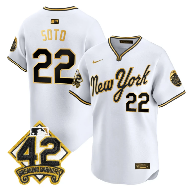 Juan Soto Jersey #22 New York Mets 2025 Jackie Robinson Patch Road Alternate Stitched White Gold by My Store