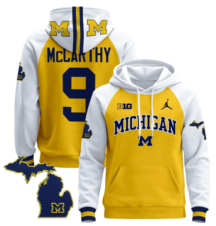 J.J. McCarthy Hoodie #9 Michigan Wolverines 2024 Pullover V2 Maize Alternate by Hoodie Pullover