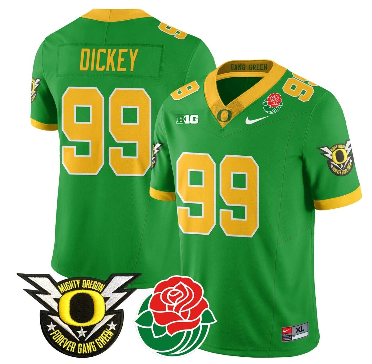 Jurrion Dickey Jersey #99 Oregon Ducks 2024 Mighty Rose Bowl Patch N2 Green by My Store