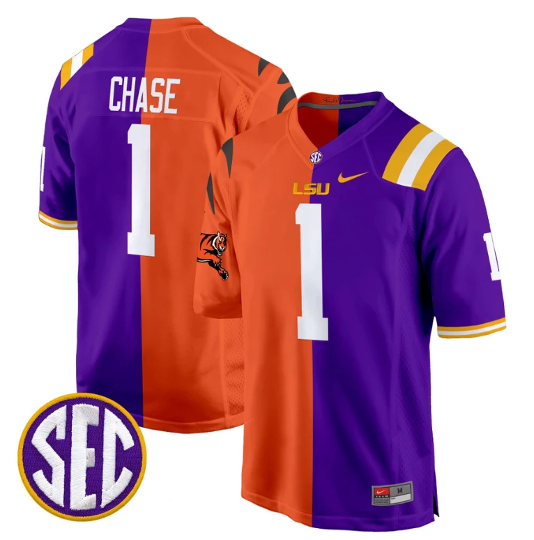 Ja'Marr Chase Jersey #1 LSU Tiger Split Game College Football All Stitched by NCAA Football Jersey
