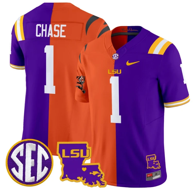 Ja'Marr Chase Jersey #1 LSU Tiger Split Vapor Limited Football All Stitched by NCAA Football Jersey