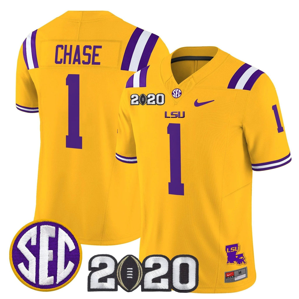 Ja'Marr Chase Jersey #1 LSU Tigers 2020 National Champions Stitched Gold by My Store NCAA Football Jerseys