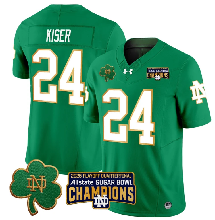 Jack Kiser Jersey #24 Notre Dame 2025 Sugar Bowl Champions Patch Green by NCAA Football Jersey