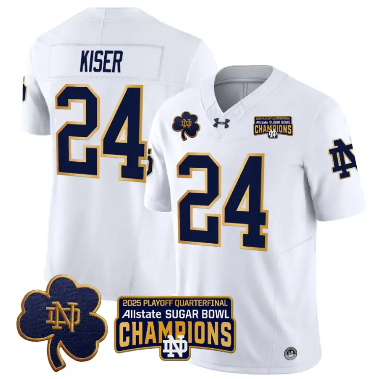Jack Kiser Jersey #24 Notre Dame 2025 Sugar Bowl Champions Patch White by NCAA Football Jersey