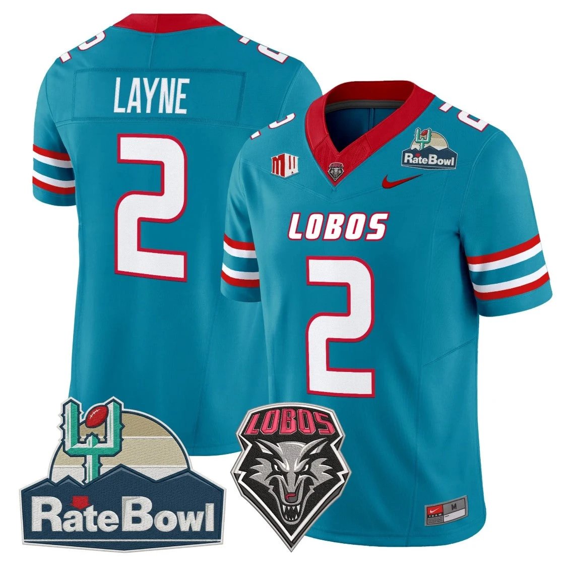 Jack Layne Jersey #2 New Mexico Lobos 2025 Rate Bowl Stitched Turquoise by NCAA Football Jersey
