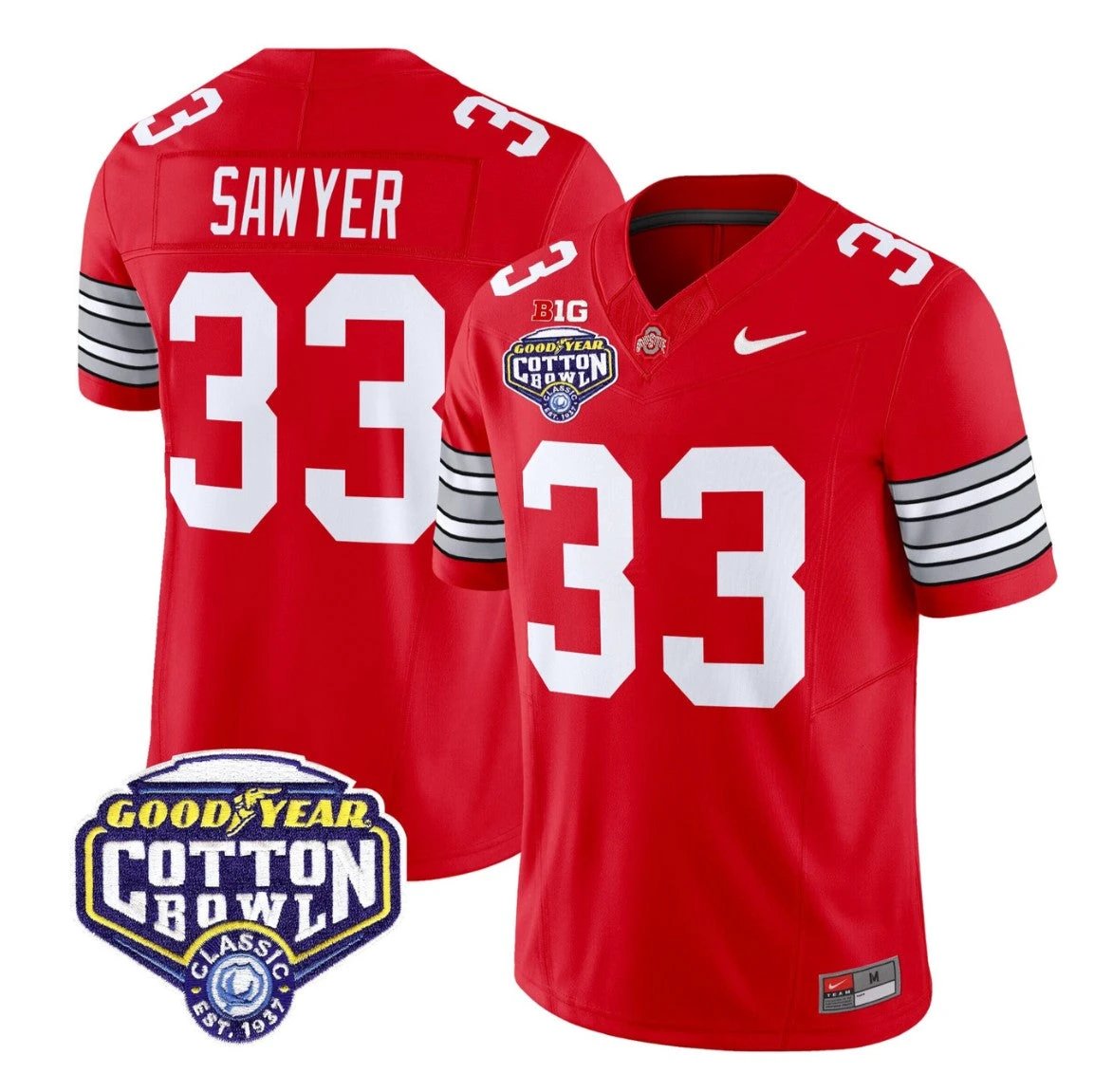 Jack Sawyer Jersey #33 Ohio State Heritage Stripe 2025 Cotton Bowl Stitched Red by NCAA Football Jersey