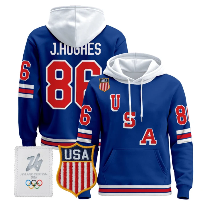 Jack Hughes #86 2026 USA Olympic Premium Hockey Pullover Hoodie Stitched by Hoodie Pullover