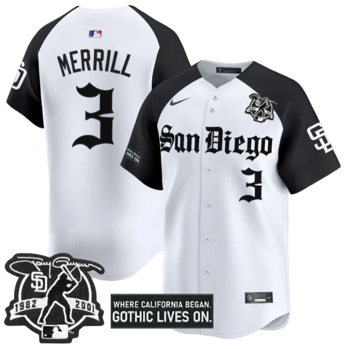 Jackson Merrill Jersey #3 San Diego Padres Gothic Edition Vapor Limited Stitched Alternate by My Store