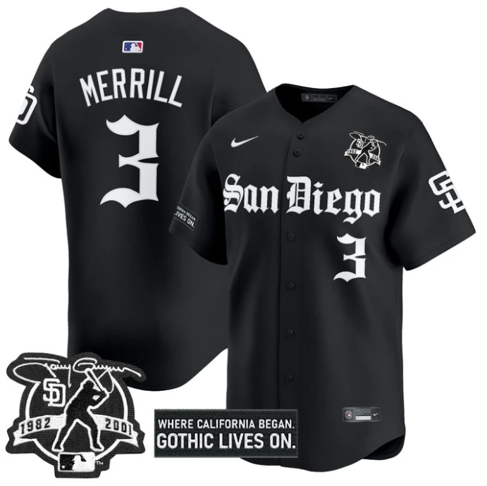 Jackson Merrill Jersey #3 San Diego Padres Gothic Edition Vapor Limited Stitched Black by My Store