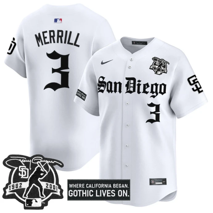 Jackson Merrill Jersey #3 San Diego Padres Gothic Edition Vapor Limited Stitched White by My Store