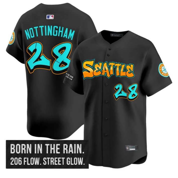Jacob Nottingham Jersey #28 Seattle Mariners Graffiti Emerald Drop Edition Black by My Store
