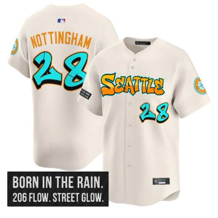 Jacob Nottingham Jersey #28 Seattle Mariners Graffiti Emerald Drop Edition Cream by My Store
