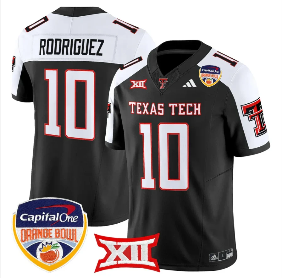 Jacob Rodriguez Jersey #10 Texas Tech 2025 Orange Bowl Patch V2 Stitched by My Store NCAA Football Jerseys