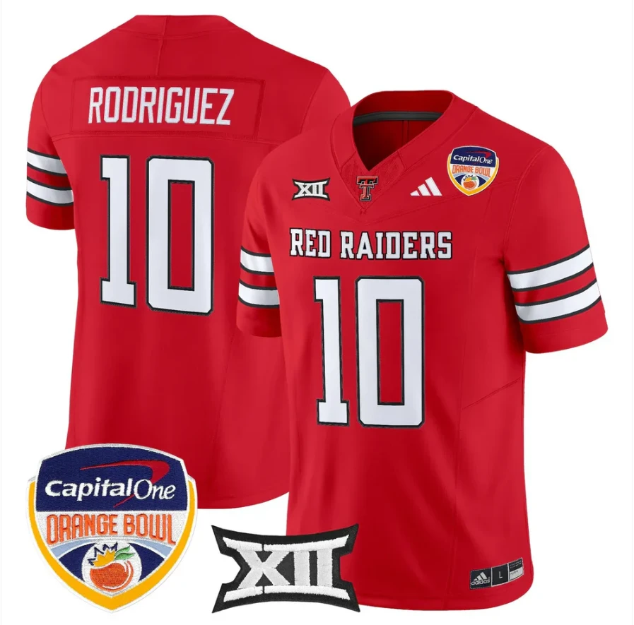 Jacob Rodriguez Jersey #10 Texas Tech 2025 Orange Bowl Patch V2 Stitched by My Store NCAA Football Jerseys
