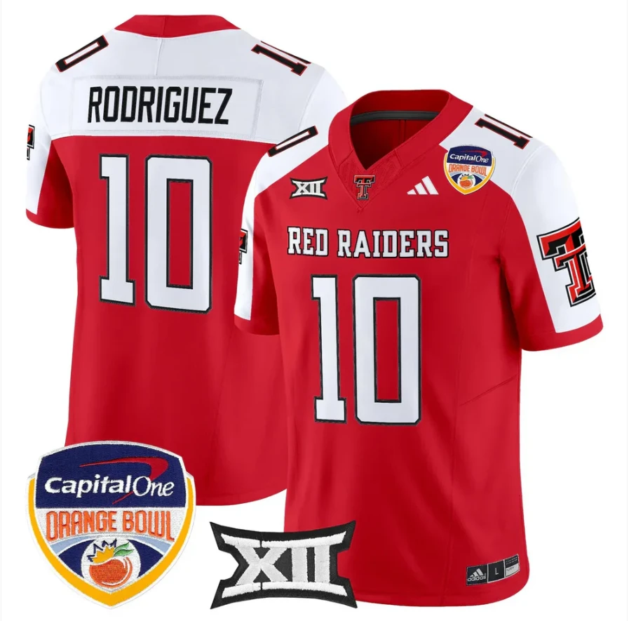 Jacob Rodriguez Jersey #10 Texas Tech 2025 Orange Bowl Patch V2 Stitched by My Store NCAA Football Jerseys