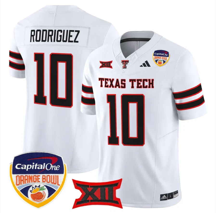 Jacob Rodriguez Jersey #10 Texas Tech 2025 Orange Bowl Patch V2 Stitched by My Store NCAA Football Jerseys