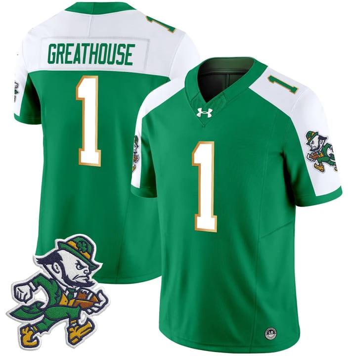 Jaden Greathouse Jersey #1 Notre Dame 2025 Gridiron Leprechaun Edition Green Alternate by NCAA Football Jersey