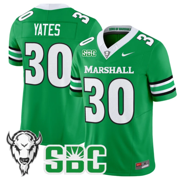 Jaden Yates Jersey #30 Marshall Thundering Herd 2025 Stitched Kelly Green by NCAA Football Jersey