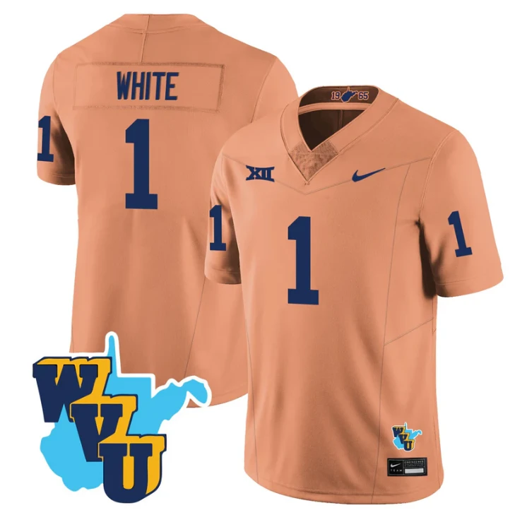 Jahiem White Jersey #1 West Virginia Mountaineers 1965-2025 Throwback Stitched Gold by NCAA Football Jersey